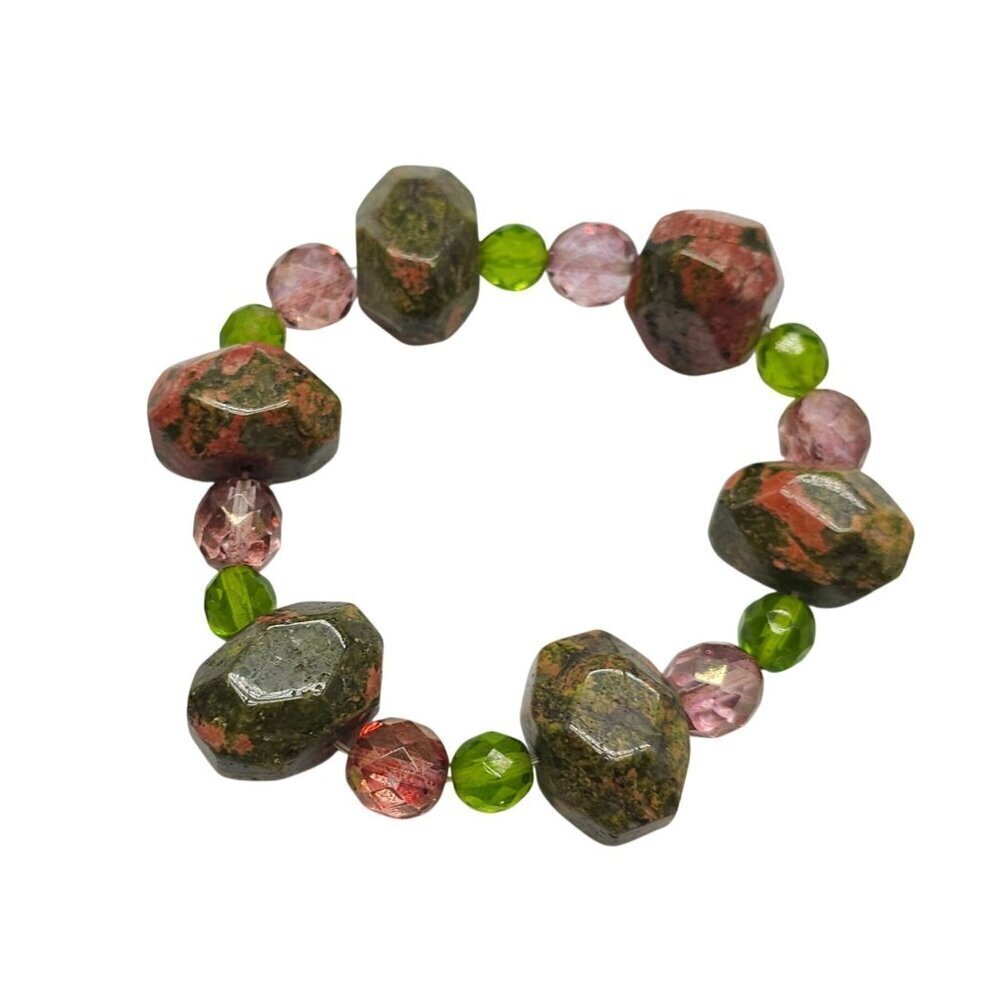 Natural Pink Green Unakite Glass Bead Stretch Bracelet READ ME